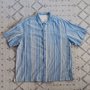 Tommy Bahama Blue and White Striped Casual Shirt Men's XXL 55% Silk 45% Cotton